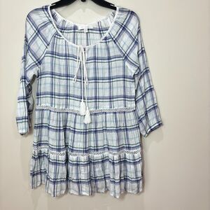 Eri + Ali Anthropologie Blue Plaid Tunic Blouse Women XS Tassel Oversized Boho
